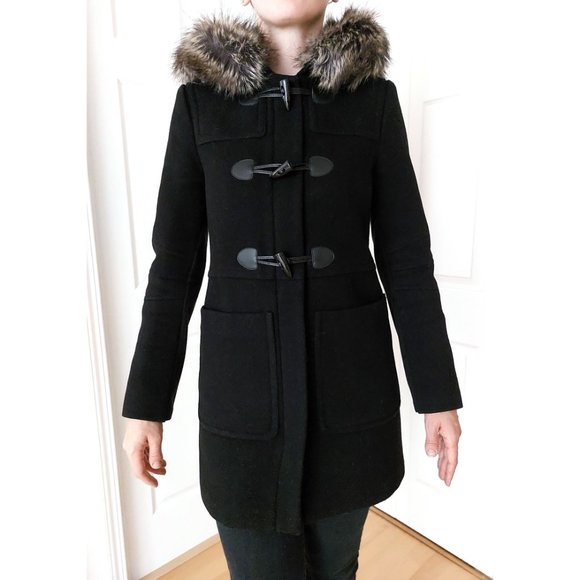 BCBG Black Hooded Wool Coat XS Detachable Realistic Faux Fur - Picture 3 of 14